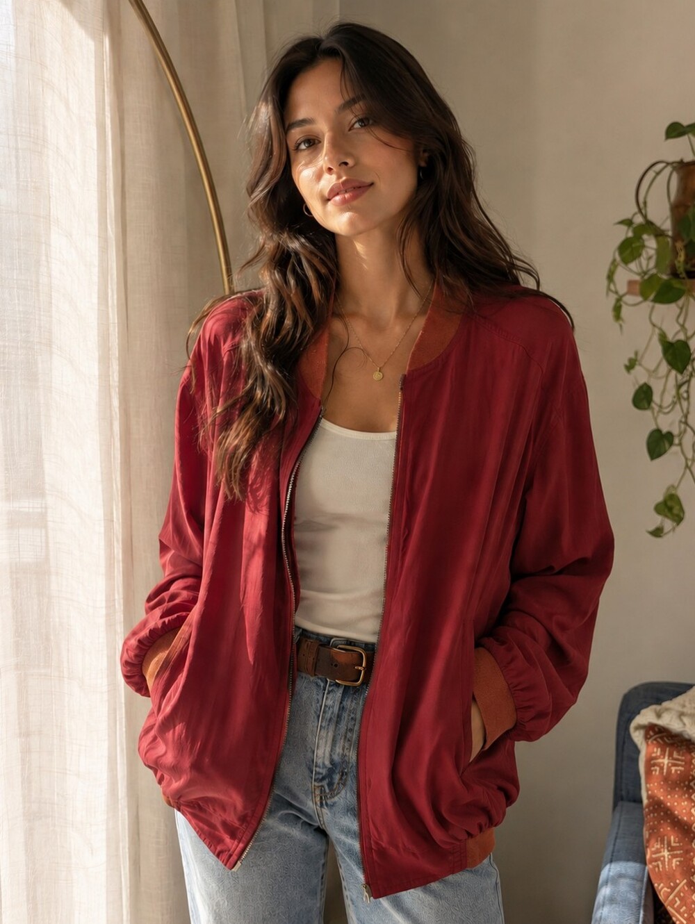 90s Vintage 100% Silk Bomber Jacket in Wine Maroon | Boulevard Club Studio